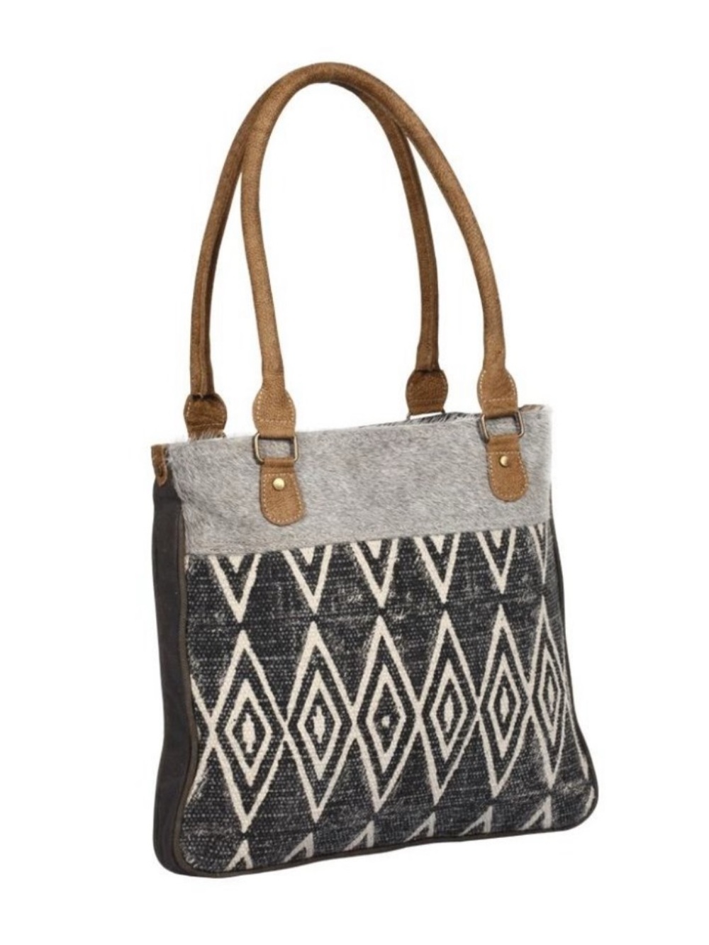 Myra Bag Traffic Cone Tote Black & Cream Geometric Tote Bag with Tan Handles